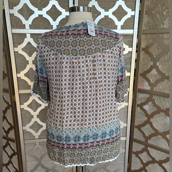 NWT | Suzanne Betro Taupe and Teal Geometric floral tie-neck loose fit tunic - Picture 5 of 9